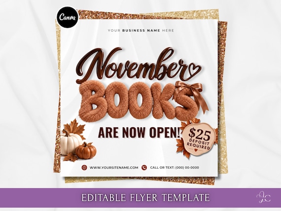 Thanksgiving Bookings Flyer November Flyer Template Monthly Books Open Beauty Appointment Nail Esthetician Hair Lash Flyer Editable Canva
