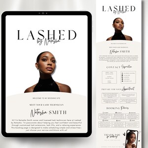 May include: Digital marketing materials for a lash technician, featuring a tablet and a flyer. The tablet displays the text "LASHED by Natasha" and a photo of a woman. The flyer includes contact information and booking policies.