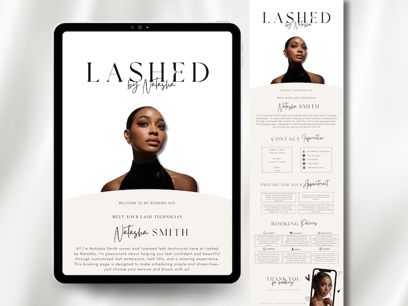 May include: Digital marketing materials for a lash technician, featuring a tablet and a flyer. The tablet displays the text "LASHED by Natasha" and a photo of a woman. The flyer includes contact information and booking policies.