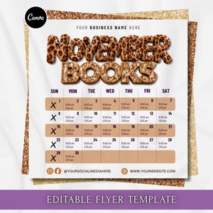 May include: An editable flyer template for November books featuring a calendar grid with dates 1 through 30. The title displays the text NOVEMBER BOOKS in leopard print and gold glitter lettering. The design includes placeholders for business details.