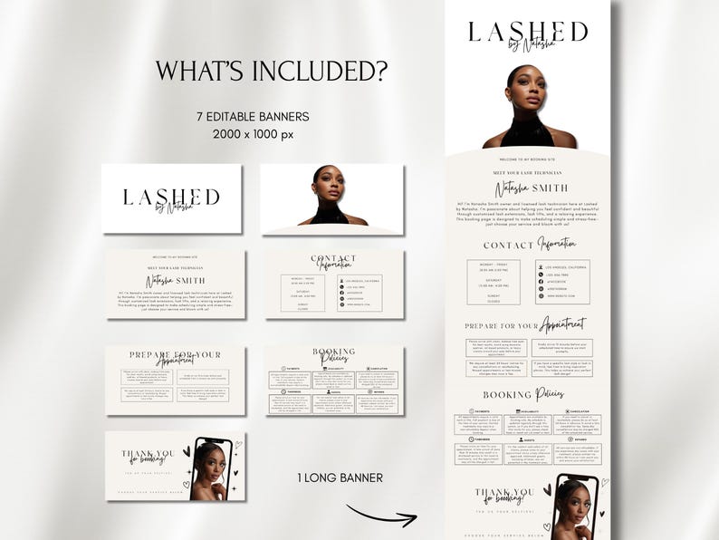 May include: A digital marketing package for lash extensions, featuring editable banners and a long banner. The design includes the text "LASHED by Natasha Smith" and a photo of a woman. The package includes contact information and booking policies.