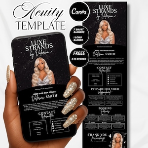 May include: A digital marketing template for Luxe Strands by Vaferina featuring a black marble background, a photograph of a person with long blonde hair, and text sections for contact information, booking policies, and appointment preparation details.