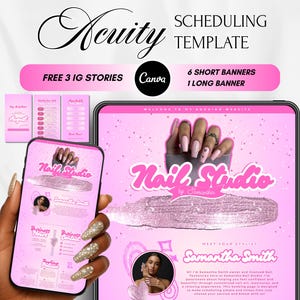 May include: Pink digital marketing template for a nail studio, featuring a phone and tablet displaying the business's website and Instagram stories. The design includes the text "Nail Studio" and "Samantha Smith".