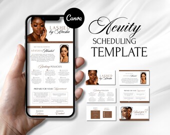 May include: Acuity Scheduling Template displayed on a smartphone. The template includes the text "Lashed by Atasha" and booking information. Additional cards show booking policies and contact details. The design is in shades of brown and white.