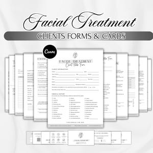 Pode incluir: Um conjunto de formulários e cartões de clientes para tratamentos faciais em branco e cinza. Os formulários incluem seções para informações do cliente, cuidados com a pele e histórico médico. O texto "Facial Treatment" está no topo da imagem.