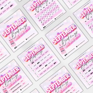 May include: A collection of square digital templates for September bookings featuring pink balloon-style lettering, a calendar grid, and space for business details. The design includes a $25 deposit tag and placeholders for special offers and social media handles.