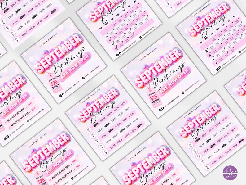 May include: A collection of square digital templates for September bookings featuring pink balloon-style lettering, a calendar grid, and space for business details. The design includes a $25 deposit tag and placeholders for special offers and social media handles.