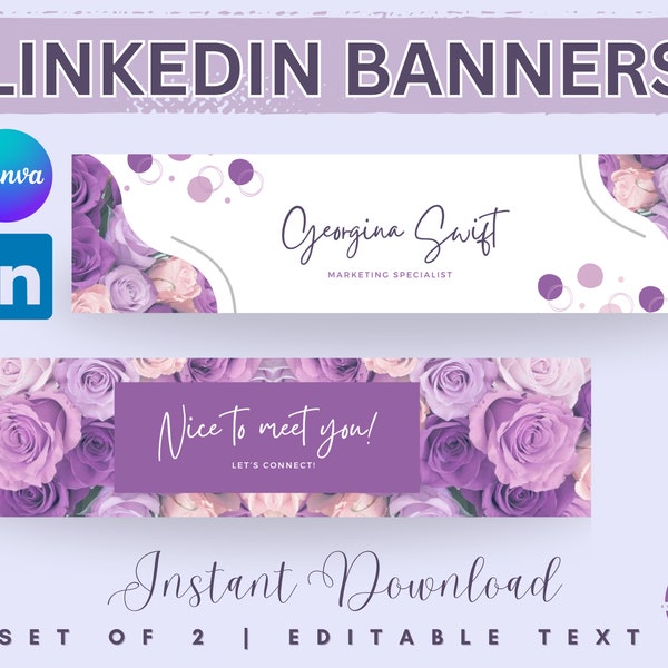 Linkedin Banner Canva | LinkedIn Cover Banner Editable Template Floral Linkedin Banner Professional Templates Banner Violet LinkedIn Banner