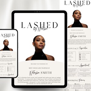 May include: Digital marketing materials for "Lashed by Natasha" displayed on a smartphone, tablet, and poster. The design features a woman's portrait, the business name, and contact information. The color scheme is black and beige.