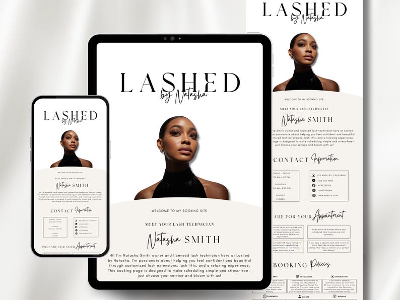 May include: Digital marketing materials for "Lashed by Natasha" displayed on a smartphone, tablet, and poster. The design features a woman's portrait, the business name, and contact information. The color scheme is black and beige.