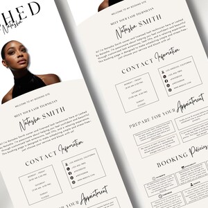 May include: A promotional flyer for "Lashed by Natasha" featuring a headshot of a woman. The flyer includes contact information, booking policies, and details about lash extension services. The design is minimalist with a neutral color palette.