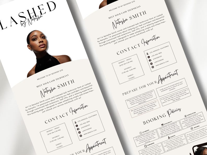May include: A promotional flyer for "Lashed by Natasha" featuring a headshot of a woman. The flyer includes contact information, booking policies, and details about lash extension services. The design is minimalist with a neutral color palette.