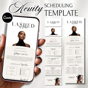 May include: Acuity scheduling template with the text "Lashed by Natasha". The design includes a smartphone mockup, business cards, and informational layouts. The template is in black and white with a photo of a woman.