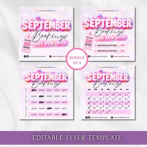 May include: A bundle of four editable digital flyer templates for September bookings, featuring pink 3D bubble lettering, a $25 deposit tag, scheduling grids, and a monthly calendar layout with space for business names, social media, and website links.