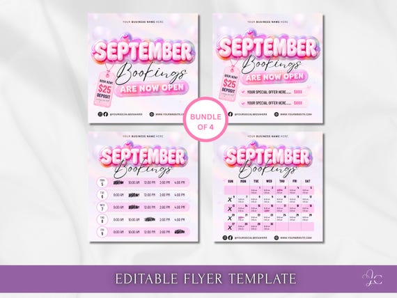 Pink Balloon September Booking Flyer Bundle Template September Flyers Beauty Booking Appointment for Esthetics Hair Nails Lash Flyers Canva