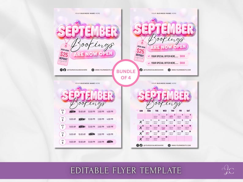 May include: A bundle of four editable digital flyer templates for September bookings, featuring pink 3D bubble lettering, a $25 deposit tag, scheduling grids, and a monthly calendar layout with space for business names, social media, and website links.