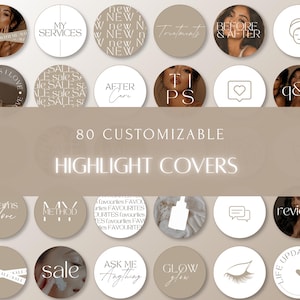 May include: A collection of 80 circular social media highlight covers in a neutral beige and white color palette. The designs feature various typography, minimalist line icons, and photographic elements with text labels like My Services, New, Tips, and Reviews.