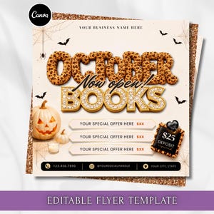May include: A square flyer template featuring the text OCTOBER BOOKS with leopard print and diamond-style lettering. The design includes a jack-o'-lantern, spider webs, bats, and three placeholders for special offers with a $25 deposit box.