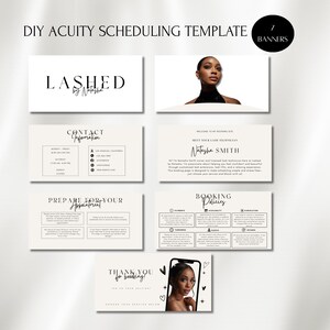 May include: A digital template for Acuity Scheduling, featuring seven banners with a minimalist design. The banners include text such as "Lashed by Natasha", "Contact Information", and "Booking Prices". The template is designed for beauty professionals.
