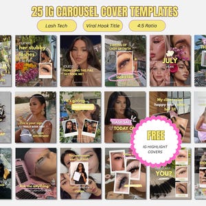May include: A collection of 25 Instagram carousel cover templates for lash technicians, featuring various layouts with text overlays, photography of lash applications, and promotional graphics, all presented in a 4:5 aspect ratio grid.