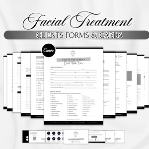 Pode incluir: Uma pilha de formulários e cartões de tratamento facial em preto e branco. Os formulários incluem seções para informações do cliente, problemas de pele e histórico médico. O texto "Facial Treatment" está no topo.