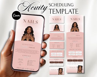 May include: Aesthetic nail salon scheduling template with a pink and white color scheme. The design includes a smartphone mockup, business cards, and a flyer. The template features the text "NAILS" and "SCHEDULING TEMPLATE".