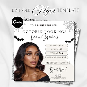 May include: An editable flyer template with a woman's portrait, promoting October lash specials. The design includes bats, spiderwebs, and text that reads "October Bookings Lash Specials" and "Book Now!"