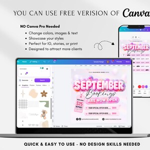 May include: A digital template displayed on a laptop and smartphone screen featuring the text SEPTEMBER BOOKINGS ARE NOW OPEN with pink bubble lettering and a pink tag stating $25 DEPOSIT. The interface shows Canva editing tools and menus.
