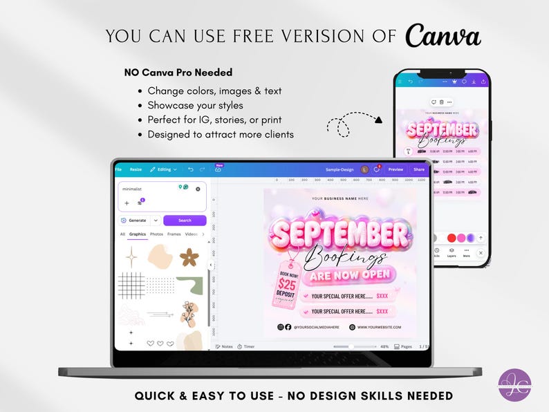 May include: A digital template displayed on a laptop and smartphone screen featuring the text SEPTEMBER BOOKINGS ARE NOW OPEN with pink bubble lettering and a pink tag stating $25 DEPOSIT. The interface shows Canva editing tools and menus.