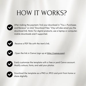 May include: A graphic with the text "HOW IT WORKS?" and instructions for downloading a digital product after purchase. Steps include finding the download in "Purchases and Reviews," opening a PDF link in Canva, and customizing the template.