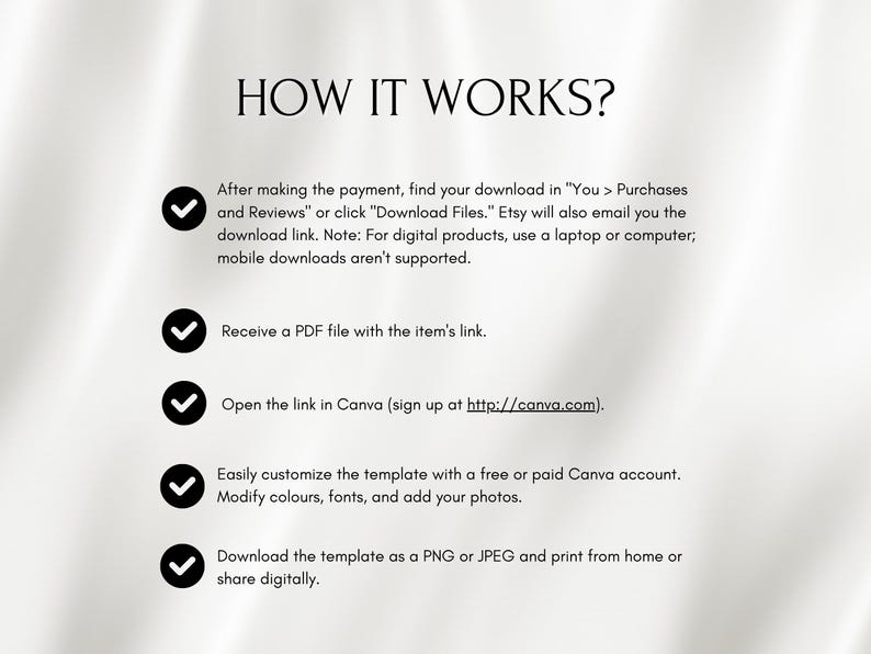 May include: A graphic with the text "HOW IT WORKS?" and instructions for downloading a digital product after purchase. Steps include finding the download in "Purchases and Reviews," opening a PDF link in Canva, and customizing the template.