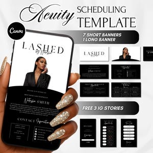 May include: Acuity scheduling template for Canva, featuring a smartphone displaying a "Lashed by Natasha" design. Includes 7 short banners, 1 long banner, and 3 free Instagram stories. The design is black and white.