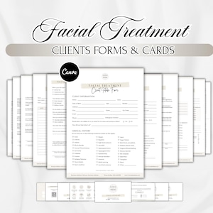 Pode incluir: Um conjunto de formulários e cartões de clientes brancos para um negócio de tratamentos faciais. Os formulários incluem seções para informações do cliente e histórico médico. O texto "Facial Treatment" está no topo em uma escrita elegante.