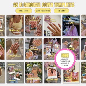 Könnte beinhalten: Eine Sammlung von 25 digitalen Instagram-Karussell-Cover-Vorlagen für Nageldesigner, mit verschiedenen Layouts und Textüberlagerungen wie Nail Inspo, Nail Care Myths und Nail Art Planner, dargestellt im 4:5-Format.