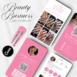 Puede incluir: Plantilla de tarjeta de visita rosa para una técnico de uñas, con fotos de uñas manicuradas y un código QR. El diseño incluye el texto "Beauty Business Card Template" y "Nail Studio by Samantha."