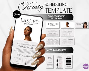 May include: Acuity scheduling template with the text "Lashed by Natasha" on a smartphone screen. The image includes 7 short banners, 1 long banner, and 3 free IG stories. The template is designed for lash technicians.