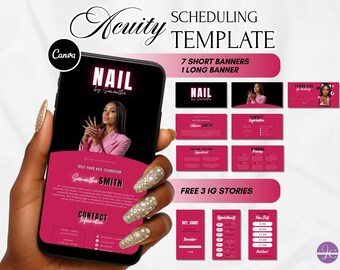 May include: Acuity Scheduling Template for nail technicians. The design features a smartphone displaying a pink and black nail salon advertisement. Includes banners, contact information, and Instagram story templates. The text reads "NAIL by Samantha".