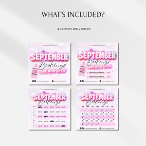 May include: A set of four digital social media templates for September bookings, featuring a pink and white color scheme with 3D-style text, a price tag graphic, and calendar layouts. The text reads WHAT'S INCLUDED?, SEPTEMBER BOOKINGS ARE NOW OPEN, and $25 DEPOSIT.