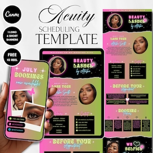 Könnte beinhalten: Acuity-Planungsvorlage in Pink und Grün. Sie zeigt Mockups von Telefon und Tablet mit "July Bookings now available" und "Beauty Lashed by Afisha". Enthält Social-Media-Symbole und Kontaktinformationen.