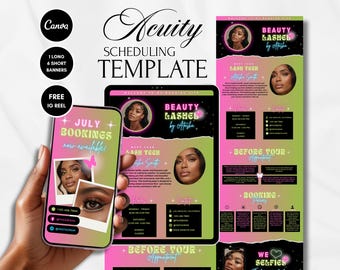 May include: Acuity scheduling template with a pink and green color scheme. The template includes a phone and tablet mockup displaying "July Bookings now available" and "Beauty Lashed by Afisha" information. Includes social media icons.