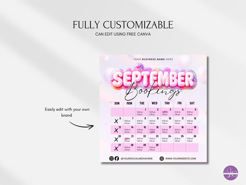 May include: A digital calendar template for September bookings featuring a pink bubble-style header, a grid with days of the week, and placeholders for business name, social media, and website. Text includes FULLY CUSTOMIZABLE CAN EDIT USING FREE CANVA.