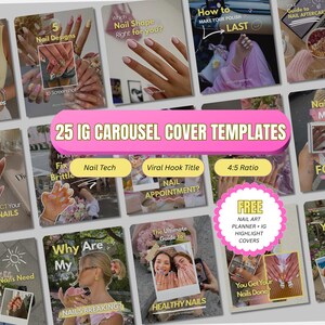May include: A collection of 25 Instagram carousel cover templates for nail art content. The digital graphics feature various layouts with text overlays such as 5 Nail Designs, Nail Care Myths, and The Ultimate Guide to Healthy Nails.