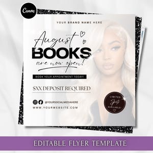 Puede incluir: Una plantilla de folleto digital cuadrada con el texto August BOOKS are now open, BOOK YOUR APPOINTMENT TODAY, $XX DEPOSIT REQUIRED y LIMITED SPOTS AVAILABLE. El diseño incluye un borde de purpurina negra y un marcador de posición para una foto.