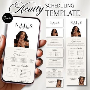 Könnte beinhalten: Ein digitales Terminplanungs-Template für ein Nagelstudio, das ein Smartphone mit dem Branding des Salons "NAILS by Samantha" zeigt. Zusätzliche Marketingmaterialien wie Visitenkarten und Terminvorlagen sind abgebildet.