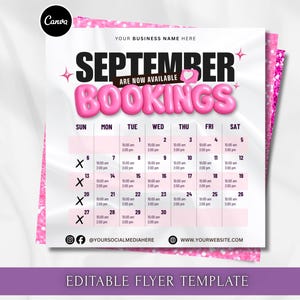 Puede incluir: Una plantilla de folleto digital cuadrada con un calendario de septiembre y letras de burbuja rosas en 3D que dicen SEPTEMBER BOOKINGS ARE NOW AVAILABLE. La cuadrícula del calendario incluye fechas, horarios y marcas X negras.