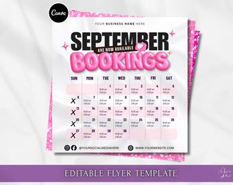 Pink Balloon Calendar September Booking Flyer Template Monthly Books Open September Hair Lashes Braids Nails Flyer September Bookings Canva