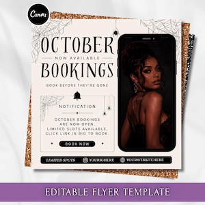 Könnte beinhalten: Eine quadratische digitale Flyer-Vorlage mit cremefarbenem Hintergrund, schwarzen Spinnennetz-Illustrationen und dem Text OCTOBER NOW AVAILABLE BOOKINGS. Sie enthält eine Smartphone-Grafik mit einer Person, ein Benachrichtigungsfeld sowie Platzhalter für Social-Media-Profile und Website-Links.