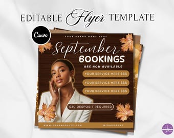 May include: An editable flyer template with a dark wood grain background. The flyer says "September Bookings Are Now Available" and includes space for services. A woman in a white blazer is featured, with autumn leaves.