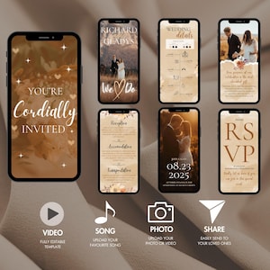 Video Hochzeitseinladungsvorlage, Braune Hochzeitseinladungen, Boho Digitale Einladung, Animierte Hochzeitseinladung mit Antwortgebet, Canva-Vorlage