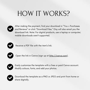 May include: An instructional graphic titled HOW IT WORKS? with five black circular checkmark icons. The text outlines steps for digital downloads: payment, receiving a PDF link, opening in Canva, customizing templates, and downloading final files.
